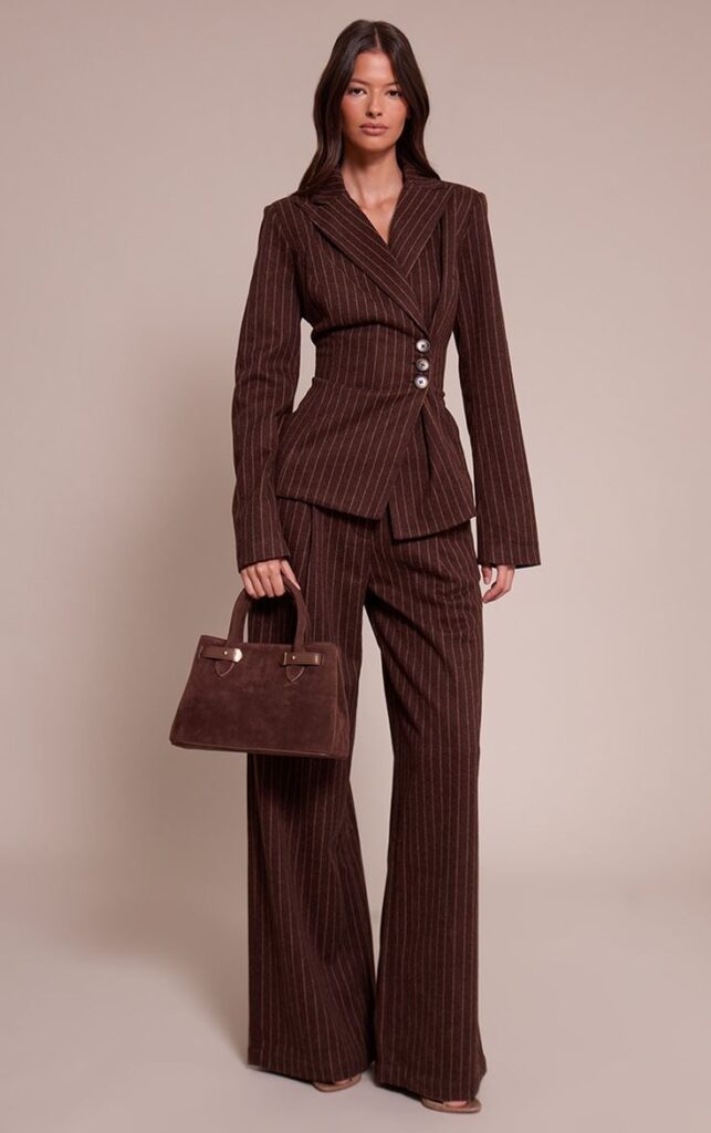 chocolate heavy pinstripe cinched waist blazer co ords