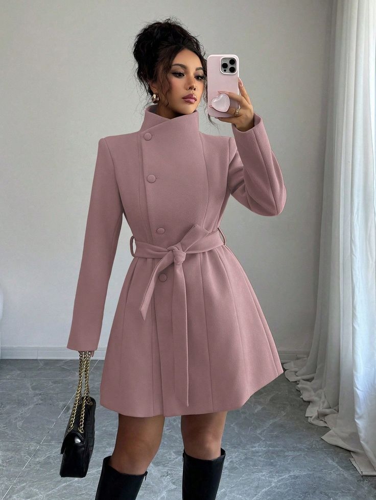 manteau mi long à col montant et taille cintrée, à simple boutonnage pour femmes, marque elenzga