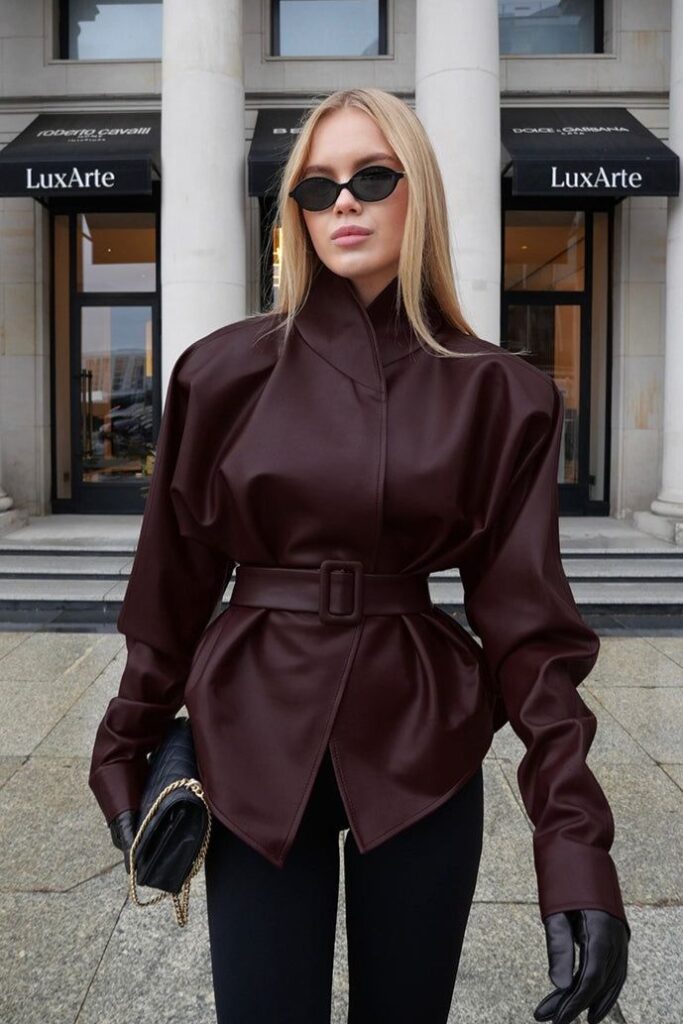 stand collar trench leather jacket s red